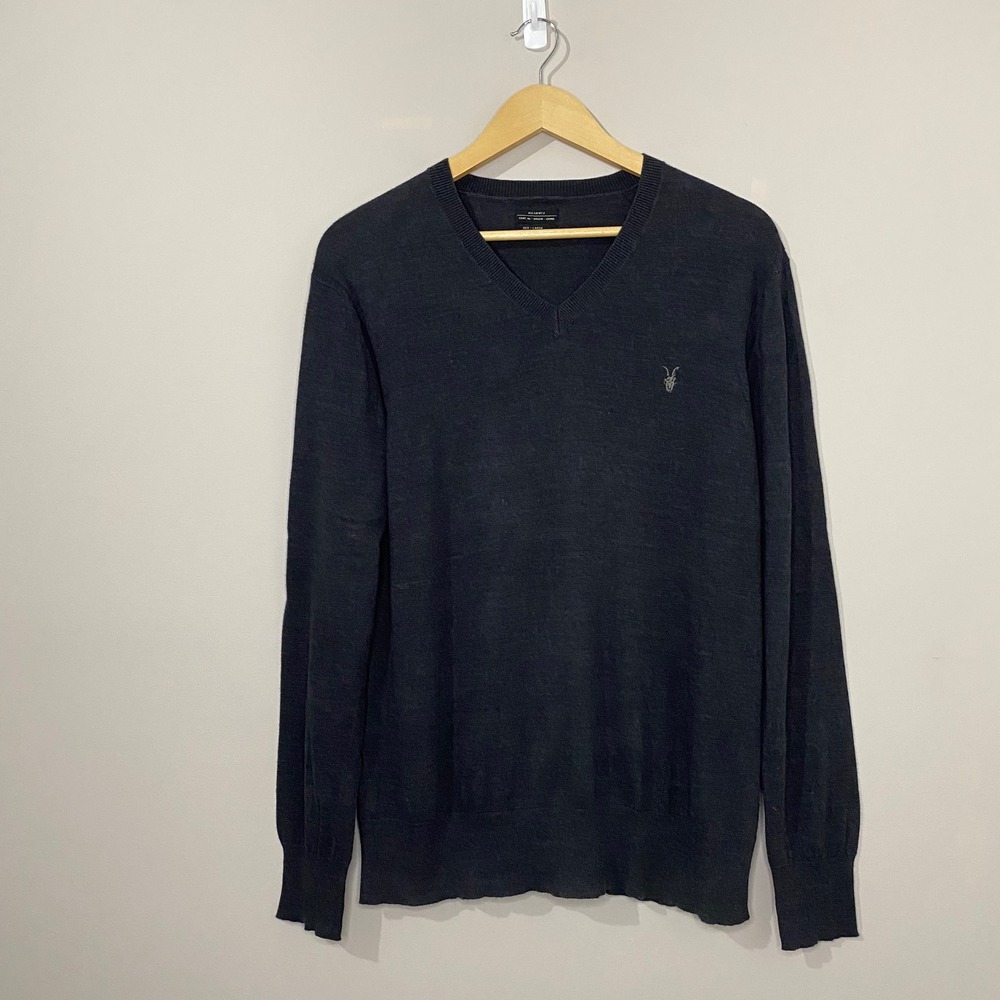 AllSaints Fritz V-Neck Sweater Mens Large Charcoal Gray Cotton Ramskull Pullover